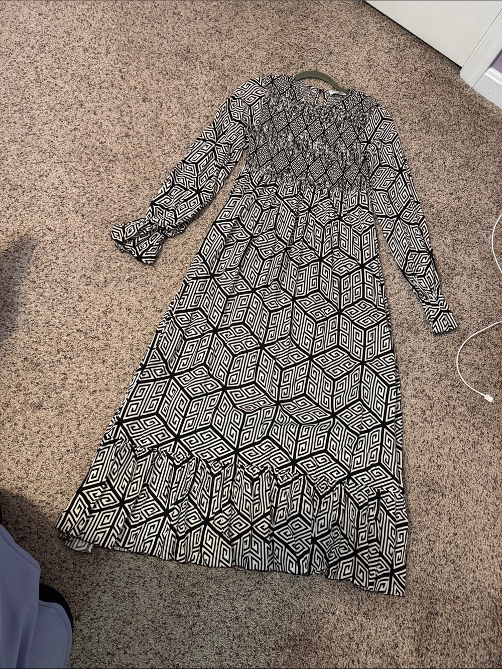Geometric Black and White Maxi Dress with Smocked Bodice